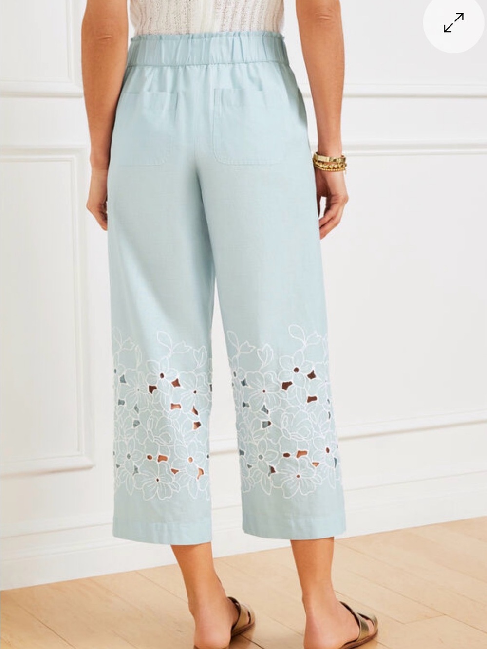 TALBOTS linen blend lightweight robin egg blue floral lace crop Culotte pants XL - Picture 2 of 7